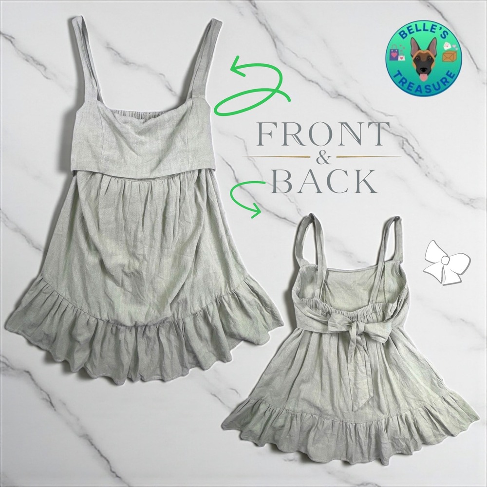 Altard State Dress‎ Sz Small Sage Green Linen Blend Ruffle Bow Babydoll Tie Mini